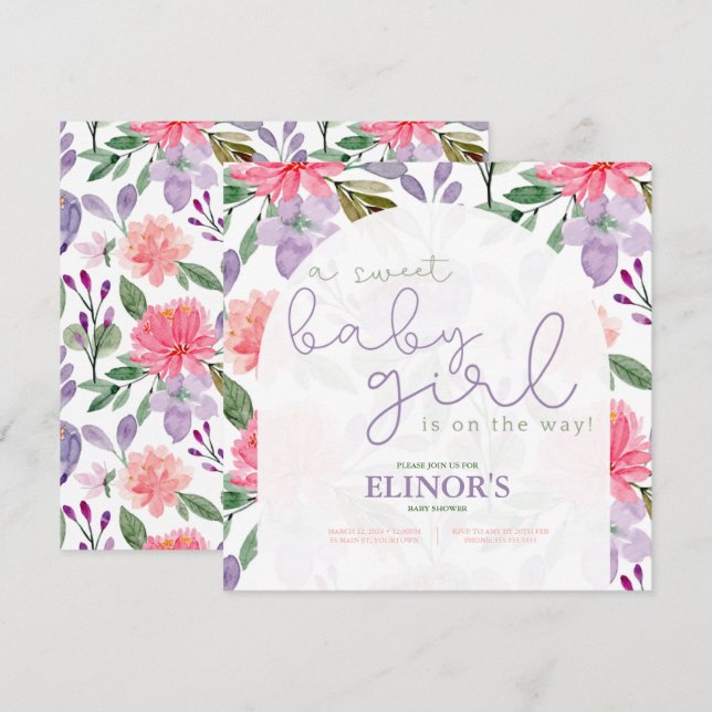 Invitation Un bébé mauve et rose Baby shower floral (Devant / Derrière)