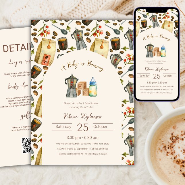 Invitation Un bébé prépare du café Baby Shower Code QR (Créateur téléchargé)