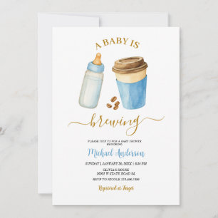 Invitation Un bébé prépare du café Garçon Bleu Baby Shower