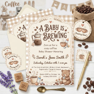 Invitation Un bébé se prépare Café Gingham Neutre Genre