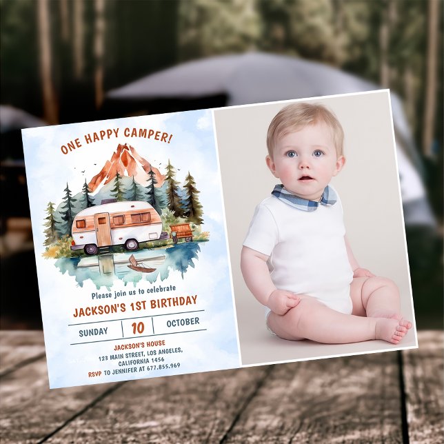 Invitation Un Camper Joyeux 1er Anniversaire Photo Camping (Créateur téléchargé)