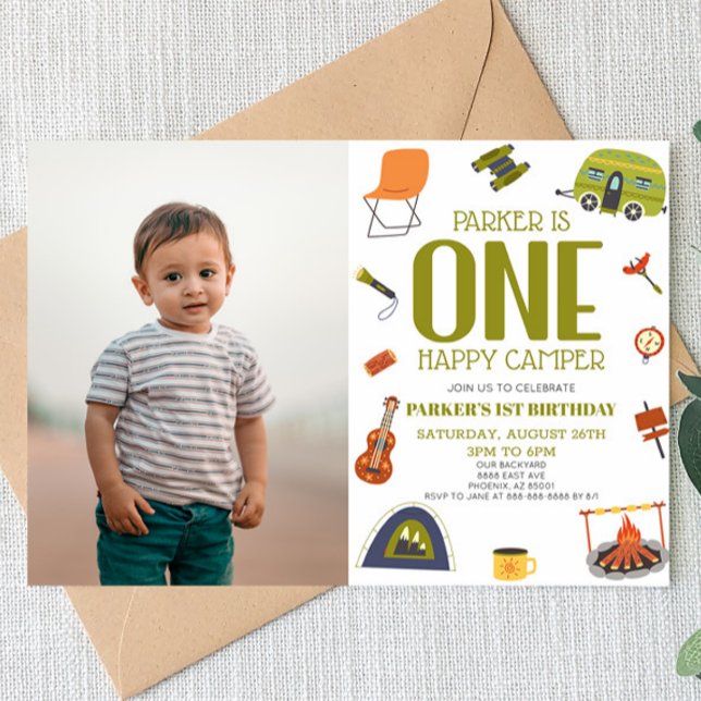Invitation Un Camping Happy Camper 1er Anniversaire Fête (Créateur téléchargé)