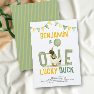 Invitation Un Canard Chanceux Aquarelle Garçon Vert 1er Anniv