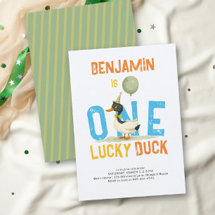 Invitation Un Canard Chanceux Garçon Bleu Orange 1er Annivers