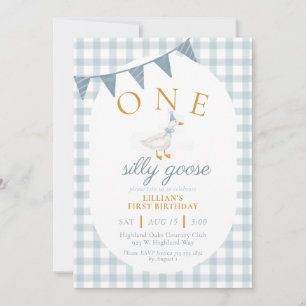 Invitation UN Canard Fou Gingham Bleu Daisy Premier Anniversa