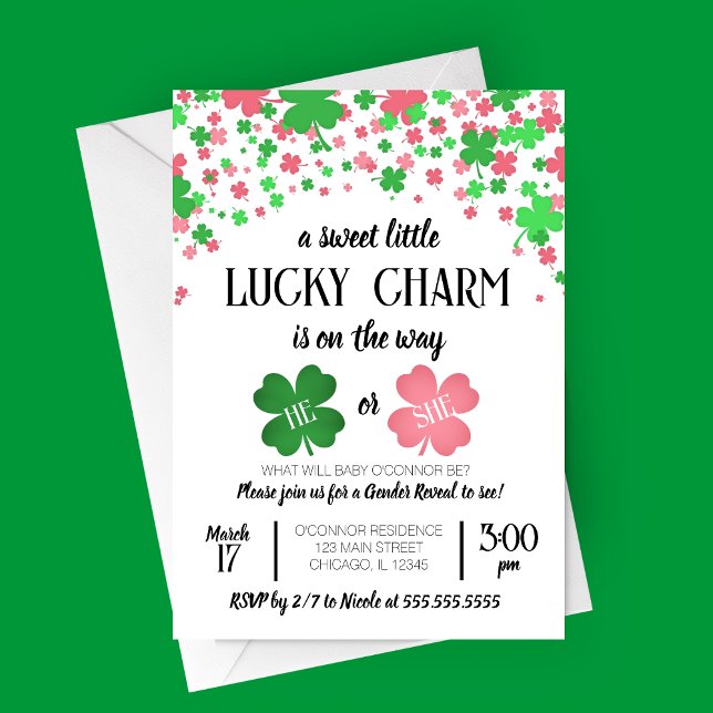 Invitation Un Charme Chanceux, Jour de la Saint Patrick de Ré (Lucky Charm St Patricks Day Gender Reveal Party Invitation with Lucky Clovers)