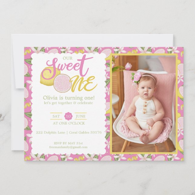 Invitation Un citron rose doux 1er anniversaire Photo (Devant)