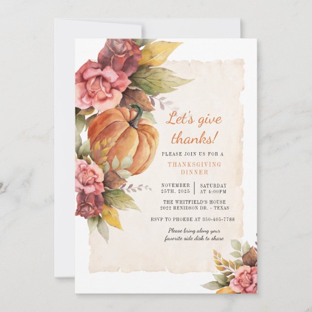 Invitation Un Citrouille Rustique Remercie Thanksgiving Dîner (Devant)