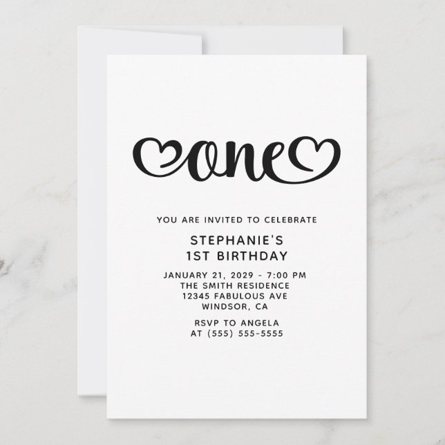 Invitation Un Coeur mignon Script 1er anniversaire (Devant)