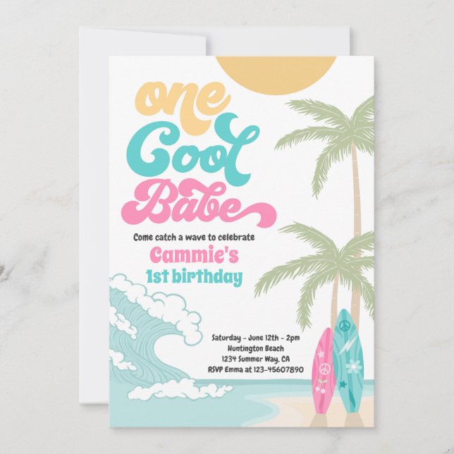 Invitation Un Cool Babe Retro Surf 1er fête d'anniversaire (Devant)