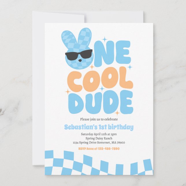 Invitation Un Cool Dude Boy Spring Bunny 1er fête d'anniversa (Devant)
