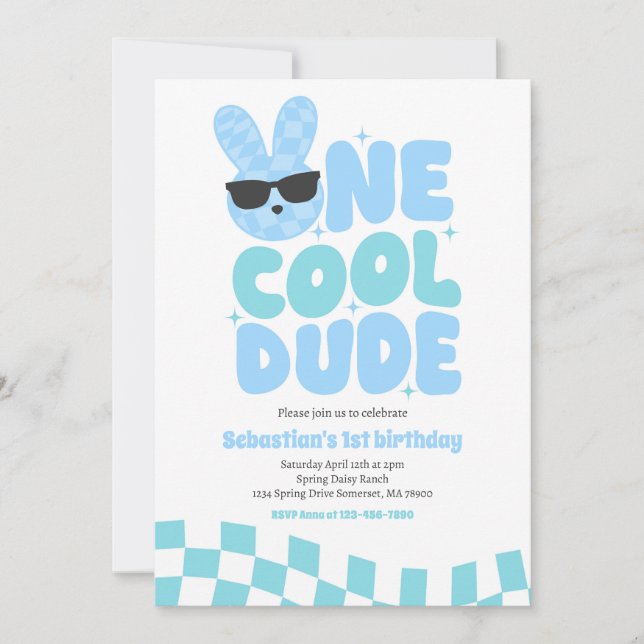 Invitation Un Cool Dude Boy Spring Bunny 1er fête d'anniversa (Devant)