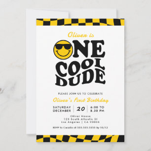 Invitation Un Cool Dude Jaune Wavy Smile Face 1er anniversair