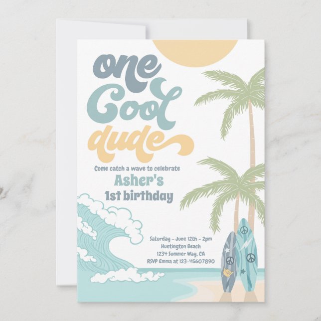 Invitation Un Cool Dude Retro Surf 1er anniversaire (Devant)
