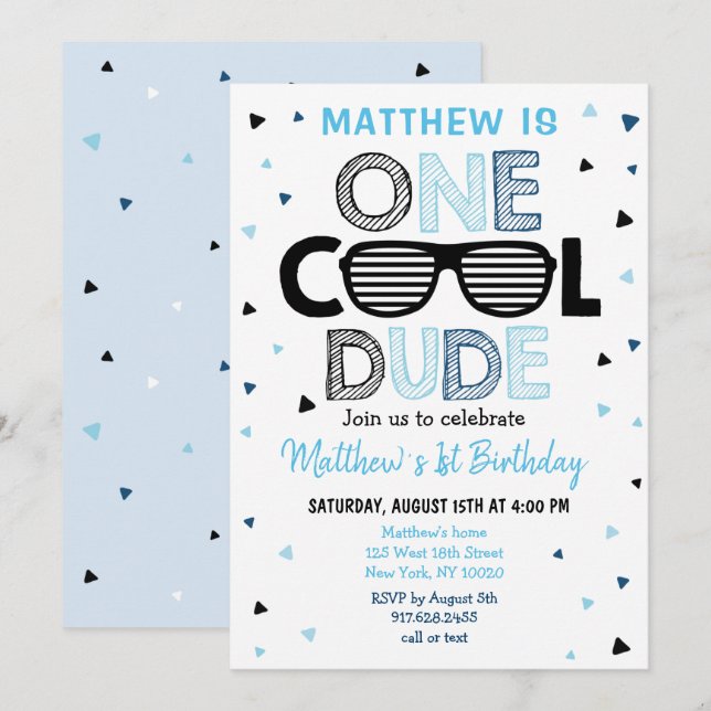 Invitation Un Cool Dude Sunglass Boy Premier anniversaire (Devant / Derrière)