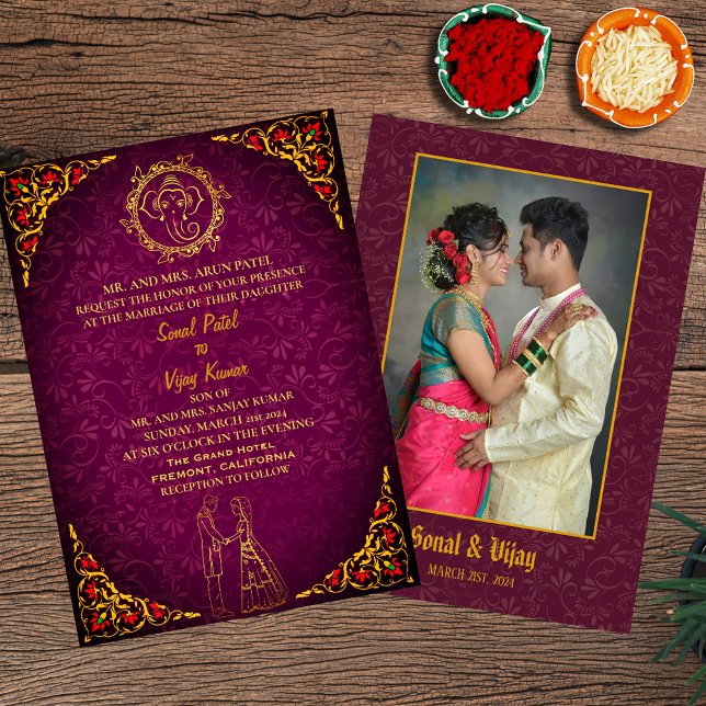 Invitation Un couple de Mariages indiens hindous photo Golden (Créateur téléchargé)