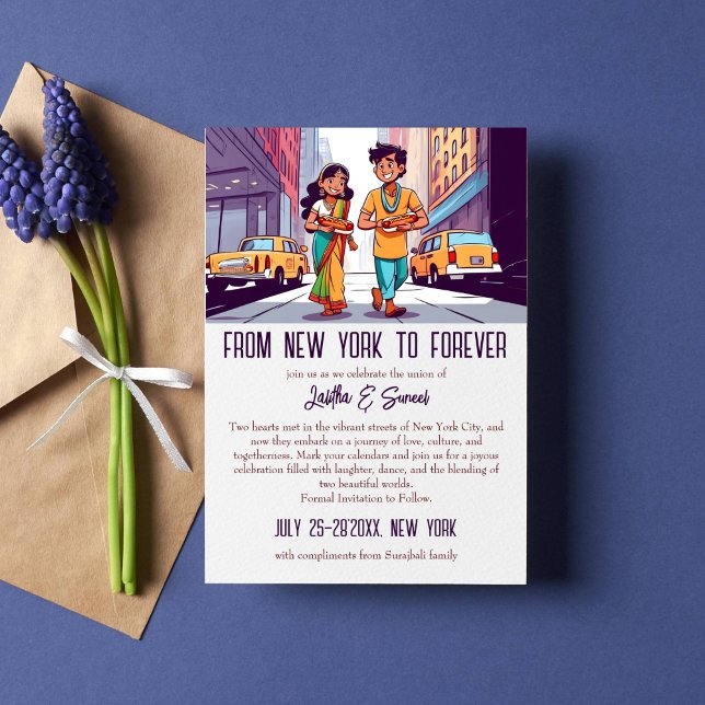 Invitation Un couple indien à New York drôle enregistrer la d (Indian wedding funny save the date template invitation couple with hot dogs in street of New York)
