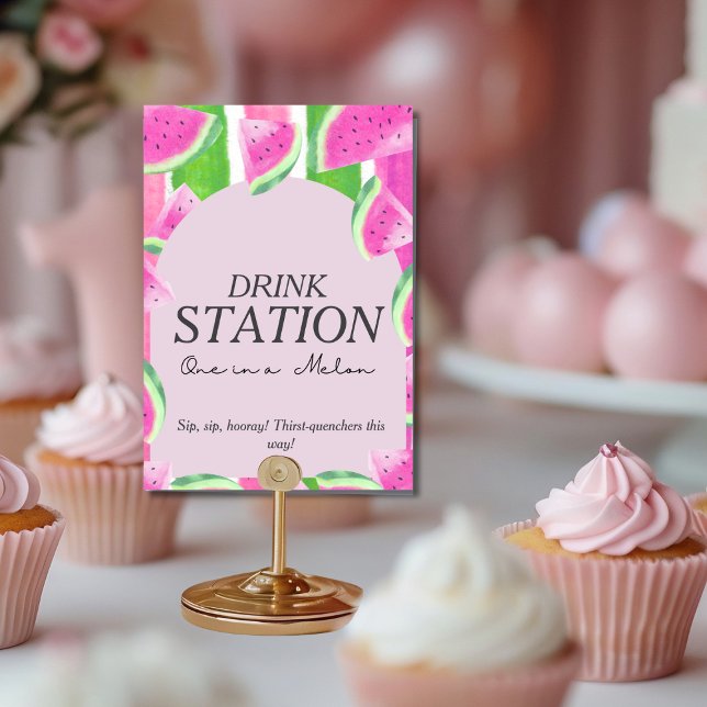 Invitation Un dans la boisson Melon STATION Pastèque Rose Ens (One in Melon DRINK STATION Pink Watermelon Sign )