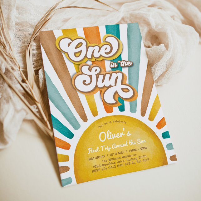 Invitation Un dans le soleil Retro Sunshine 1er fête d'annive (Créateur téléchargé)