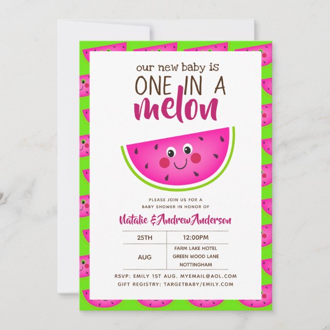 Invitation Un Dans Un Baby shower MELON Lime Vert Rose Modern (Devant)