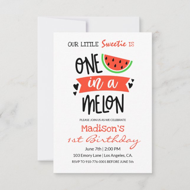 Invitation Un dans un melon | Bébé Anniversaire (Devant)