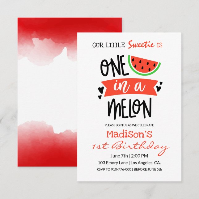 Invitation Un dans un melon | Bébé Anniversaire (Devant / Derrière)