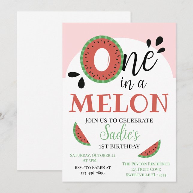 Invitation Un dans un Melon Girls Premier anniversaire (Devant / Derrière)