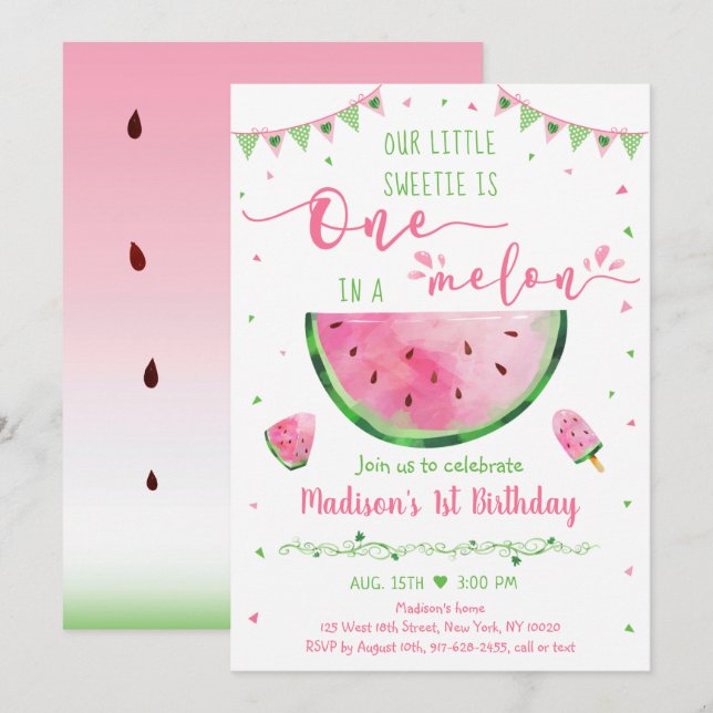 Invitation Un Dans Un Melon Pink Green Watermelon Anniversair (Devant / Derrière)
