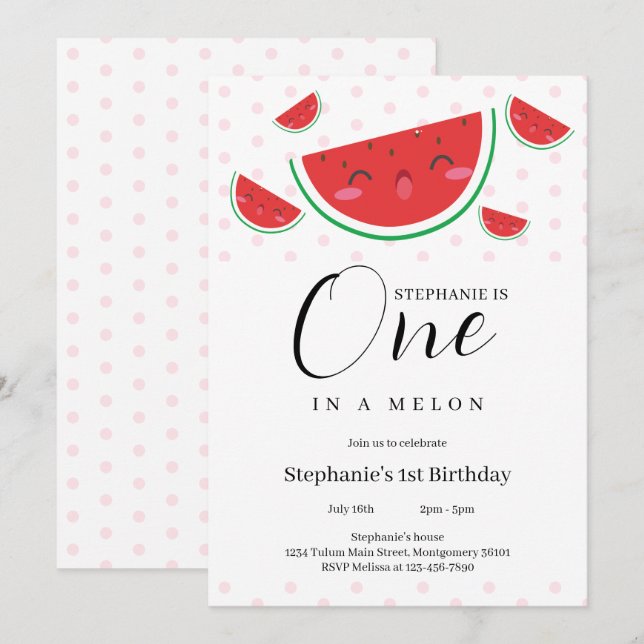 Invitation Un dans un Melon Pink Polka Dot 1er fête d'anniver (Devant / Derrière)