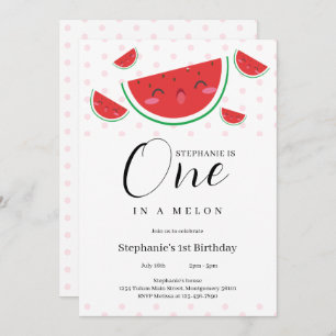 Invitation Un dans un Melon Pink Polka Dot 1er fête d'anniver