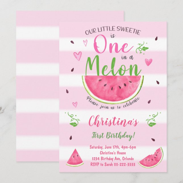 Invitation Un dans un Melon Watermelon 1er Birthday Invitatio (Devant / Derrière)