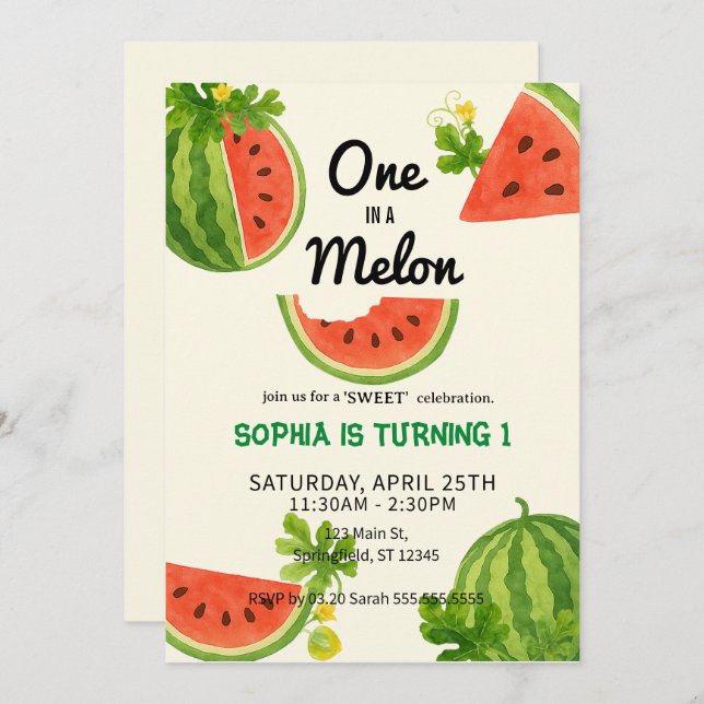 Invitation Un dans une pastèque ! 1ère fête d'anniversaire (Devant / Derrière)