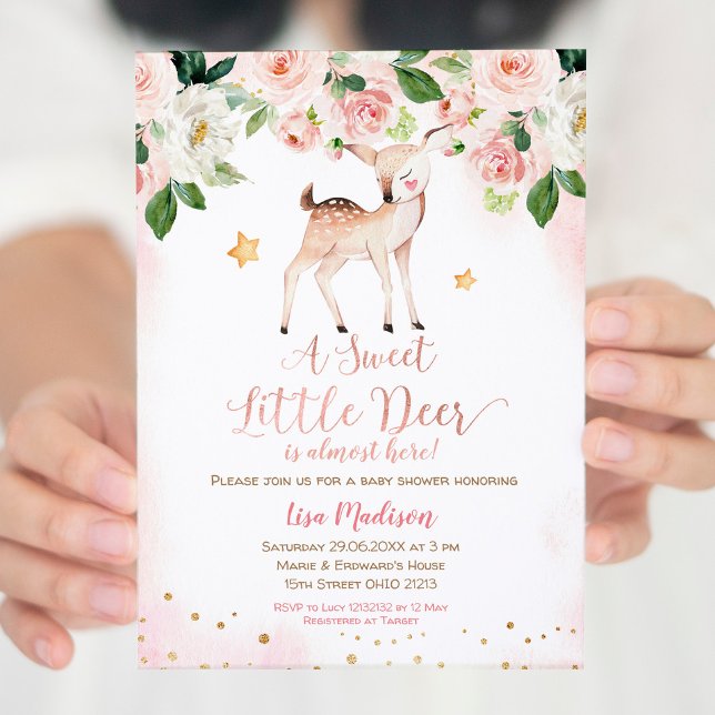 Invitation Un doux Baby shower de fleurs roses de Petit Cerf (Créateur téléchargé)
