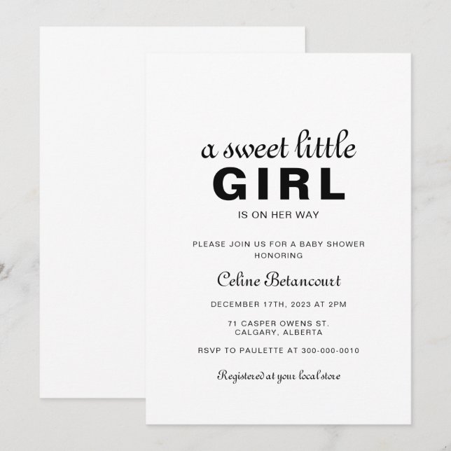 Invitation Un doux Baby shower de petite fille (Devant / Derrière)