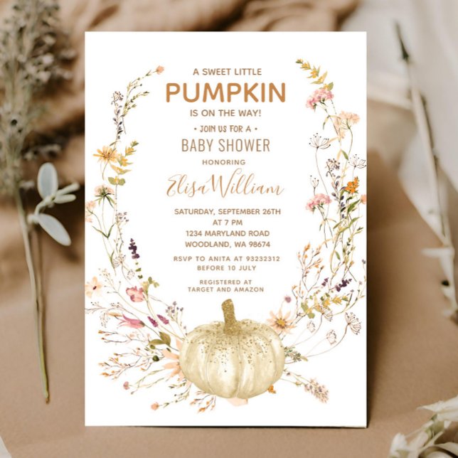 Invitation Un doux petit Baby shower Citrouille et Fleur sauv (Créateur téléchargé)