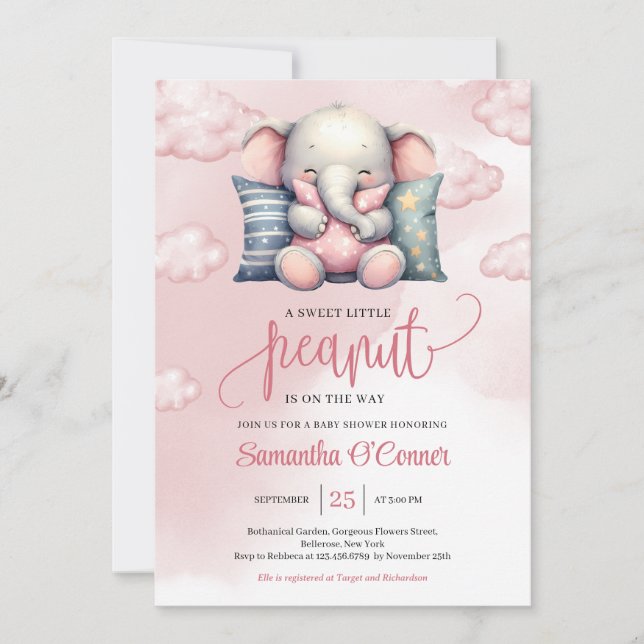 Invitation Un doux petit cacahuète mignon éléphant sur le nua (Devant)