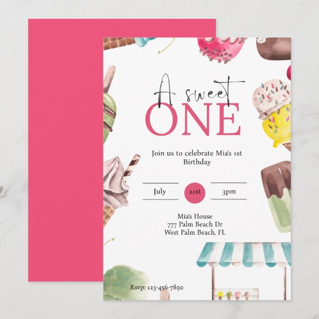 Invitation Un doux thème crème glacée 1er anniversaire (Devant / Derrière)