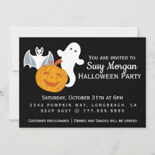 Invitation Un fantôme, une chauve-souris et une fête Citrouil