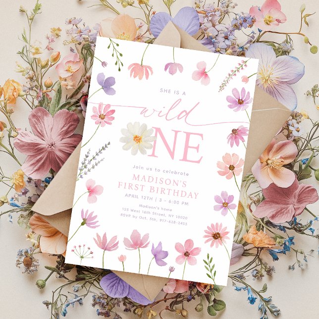 Invitation Un Fleur sauvage rose pourpre premier anniversaire (Créateur téléchargé)