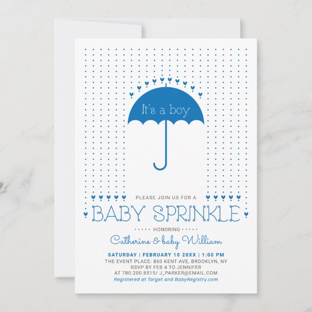 Invitation Un garçon | Coeurs Bleus et Parapluie Bébé saupoud (Devant)