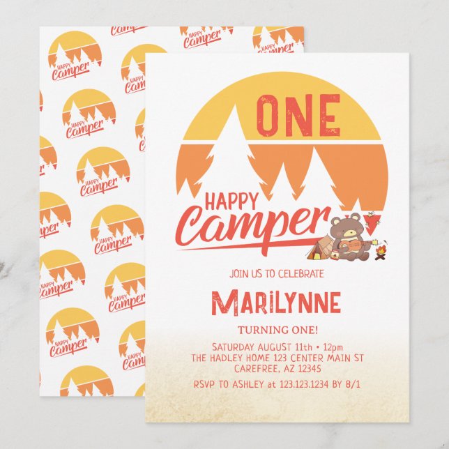 Invitation Un Happy Camper Retro 1er anniversaire (Devant / Derrière)