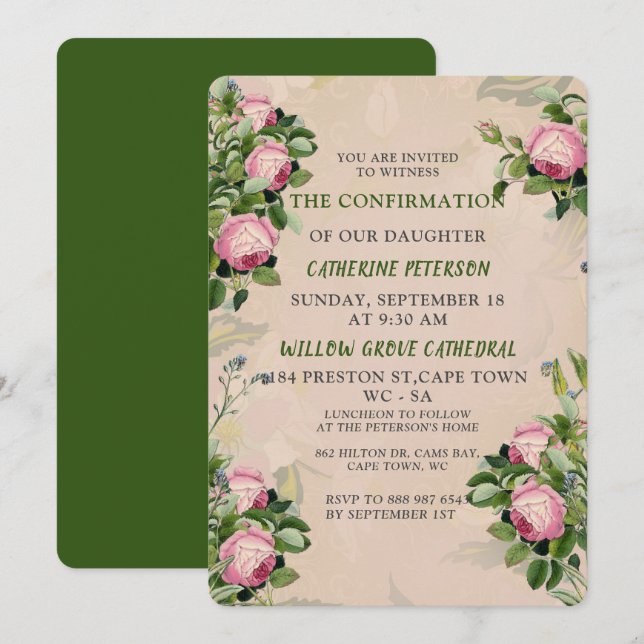 Invitation Un Jardin victorien vert, rose Roses Confirmation (Devant / Derrière)