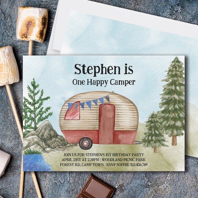 Invitation Un Joyeux Camper 1er Anniversaire Camping Vintage (Créateur téléchargé)