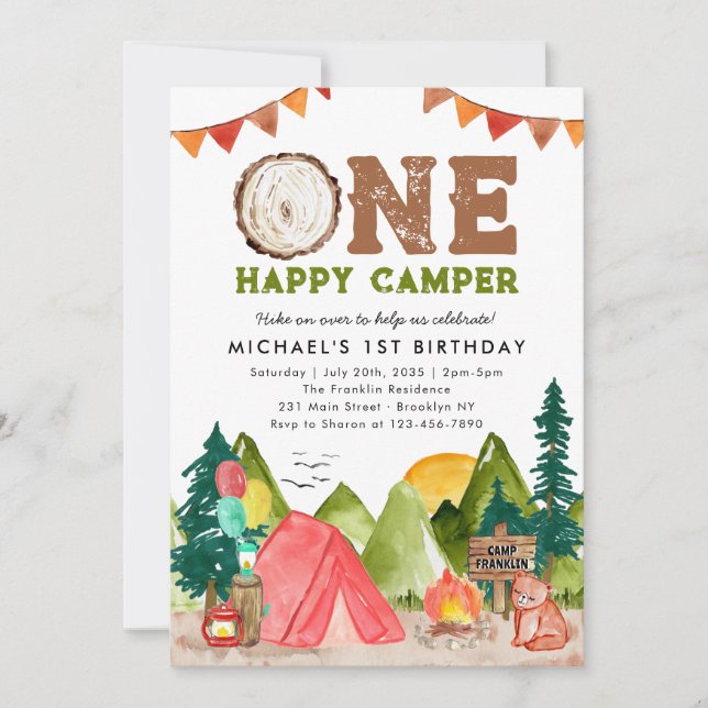 Invitation Un Joyeux Camper Bois Ours Bois 1er anniversaire (Devant)