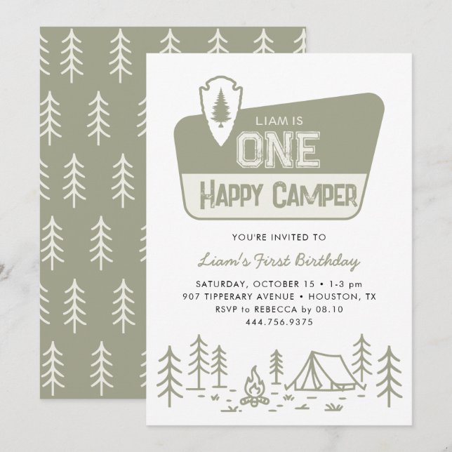 Invitation Un Joyeux Camper Boys 1er Camping Forêt Anniversai (Devant / Derrière)