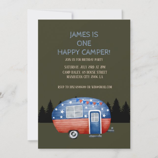 Invitation Un Joyeux Camper Enfants d'Anniversaire (Devant)
