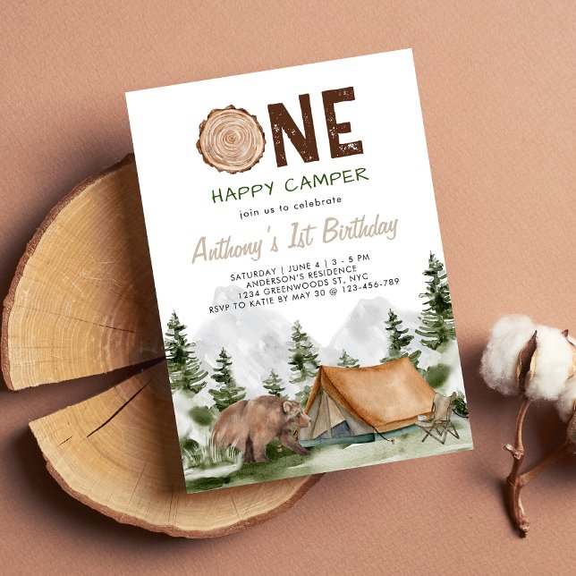 Invitation Un Joyeux Camper Mountain Forest Bear 1er annivers (Créateur téléchargé)