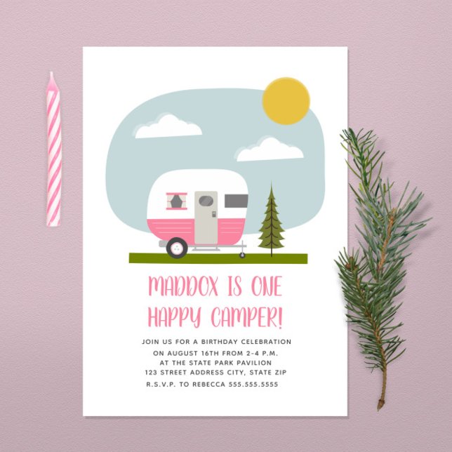 Invitation Un Joyeux Camper Pink Trailer Anniversaire (Créateur téléchargé)