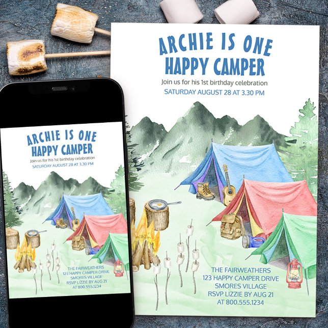Invitation Un Joyeux Camper Premier Anniversaire Camping (Créateur téléchargé)