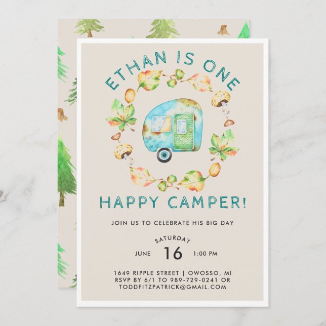 Invitation Un Joyeux Camper Première fête d'anniversaire (Devant / Derrière)